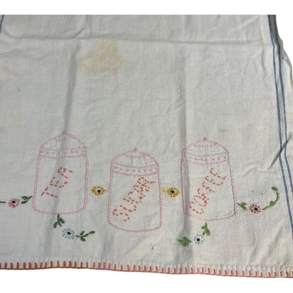Tea Sugar And Coffee Jar Vintage Embroidered Kitchen Towel Cottage Core SEE